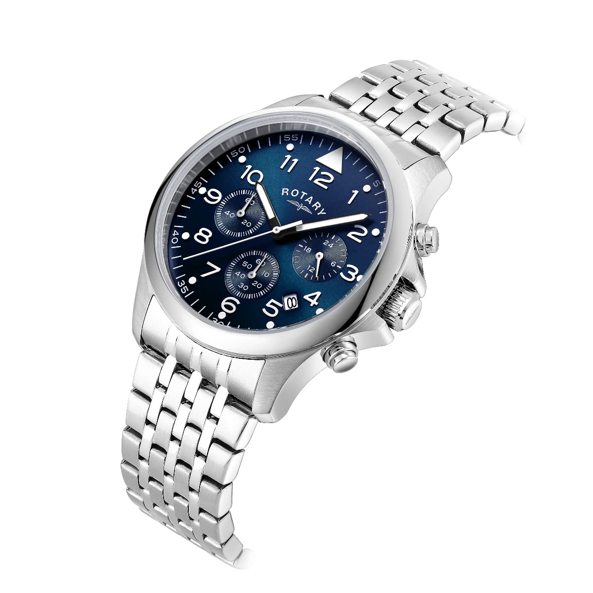 Rotary GB00475/52 - Orologio analogico al quarzo, da uomo, con cronografo, quadrante blu e cinturino in acciaio inox argentato