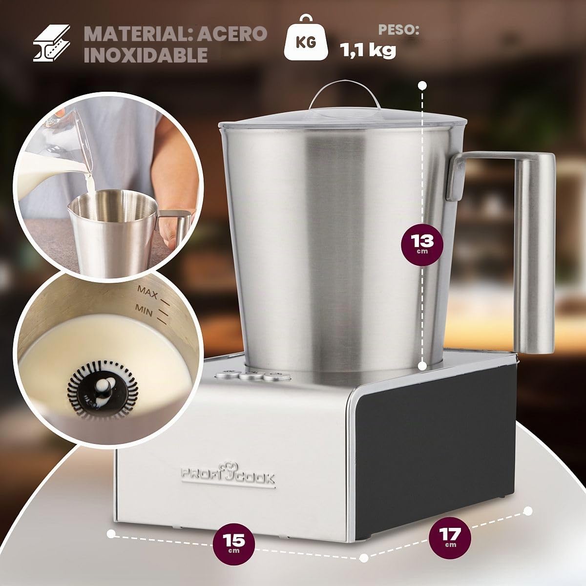 ProfiCook® Espumador de leche con función frío y calor | Espumador de leche eléctrico con 6 funciones | aprox. 500 ml de espuma | carcasa de acero inoxidable | PC-MS 1032