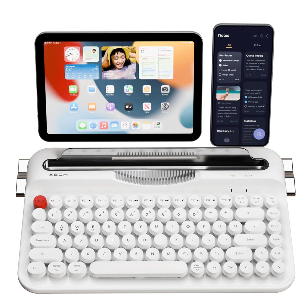 Xech Typewriter Wireless Keyboard with Triple Device Connection | Retro Vintage Design with Round Keycaps | 2 x Bluetooth & 1 x 2.4G | Phone/Tablet Holder | Compatible with Windows/Mac0S/Android-image-8