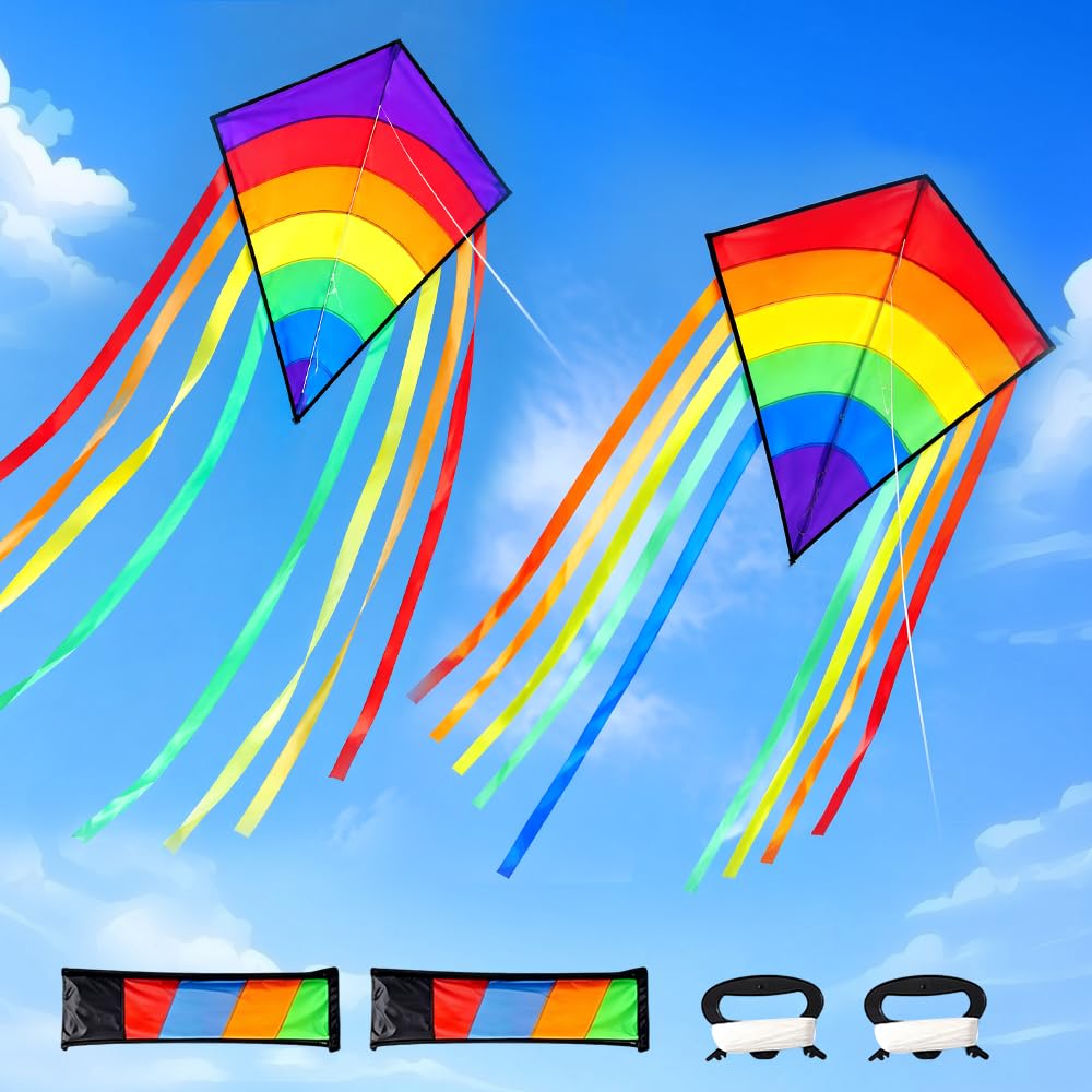 2PCS Diamond Kites, Rainbow Eddy Diamond Kite with Long Tail, Simple Kite for Beach Game Summer Outdoor Activities, Easy to Carry & Assemble