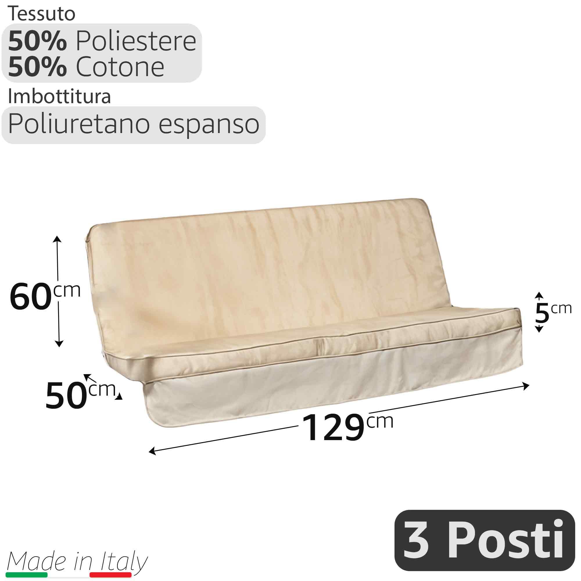 Sicignano | Set Cuscino per Dondolo da Esterni – Telo Parasole Incluso, Cotone/Poliestere con Imbottitura in Poliuretano Espanso, Ideale per Giardino Terrazza Veranda (Ecrù, 3 posti, 129x50x60h cm)