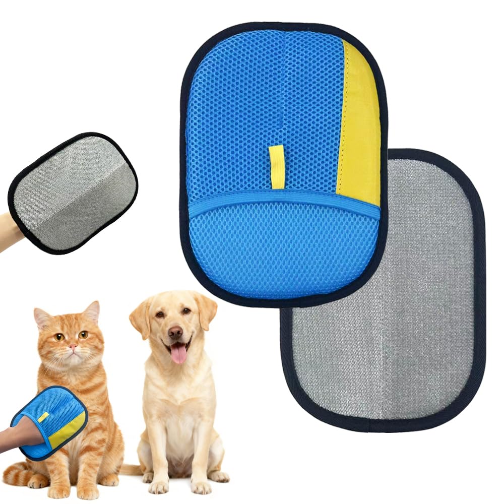 Pet Gloves Efficient Hair Removal: Upgraded Electrostatic Remover Tool Cats & Dogs - Reusable Washable Soft Breathable Material Fur Grooming - Dual Directional Bristles for Furniture Car Seat (Blue)