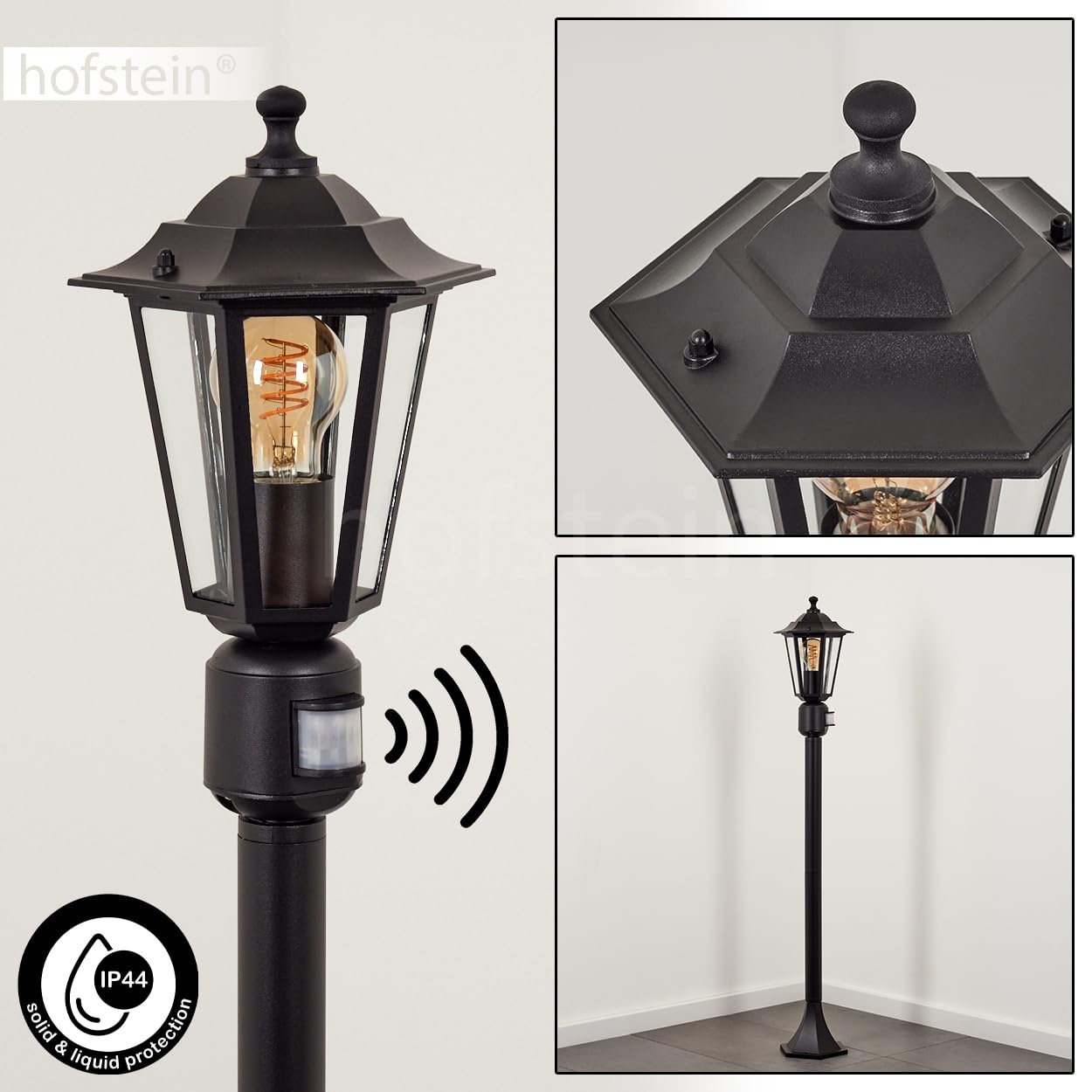 HOFSTEIN Außenstehleuchte Loria, Außenwegeleuchte mit Bewegungsmelder aus Metall/Glas in Schwarz/Klar, Wegeleuchte im Landhaus/Antik/Vintage-Design für Garten, Außenbereich, Hof, 107 cm, E27, IP44