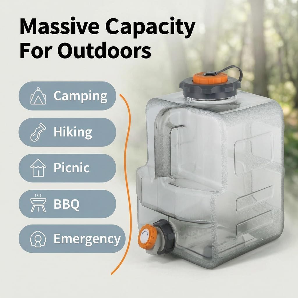 2.11-5.28 Gallon Water Jug, Camping Water Container with Spigot, No Leakage Water Tank Compatible with Electric Water Pumps, Water Bucket for Emergency Outdoor Hiking Picnic