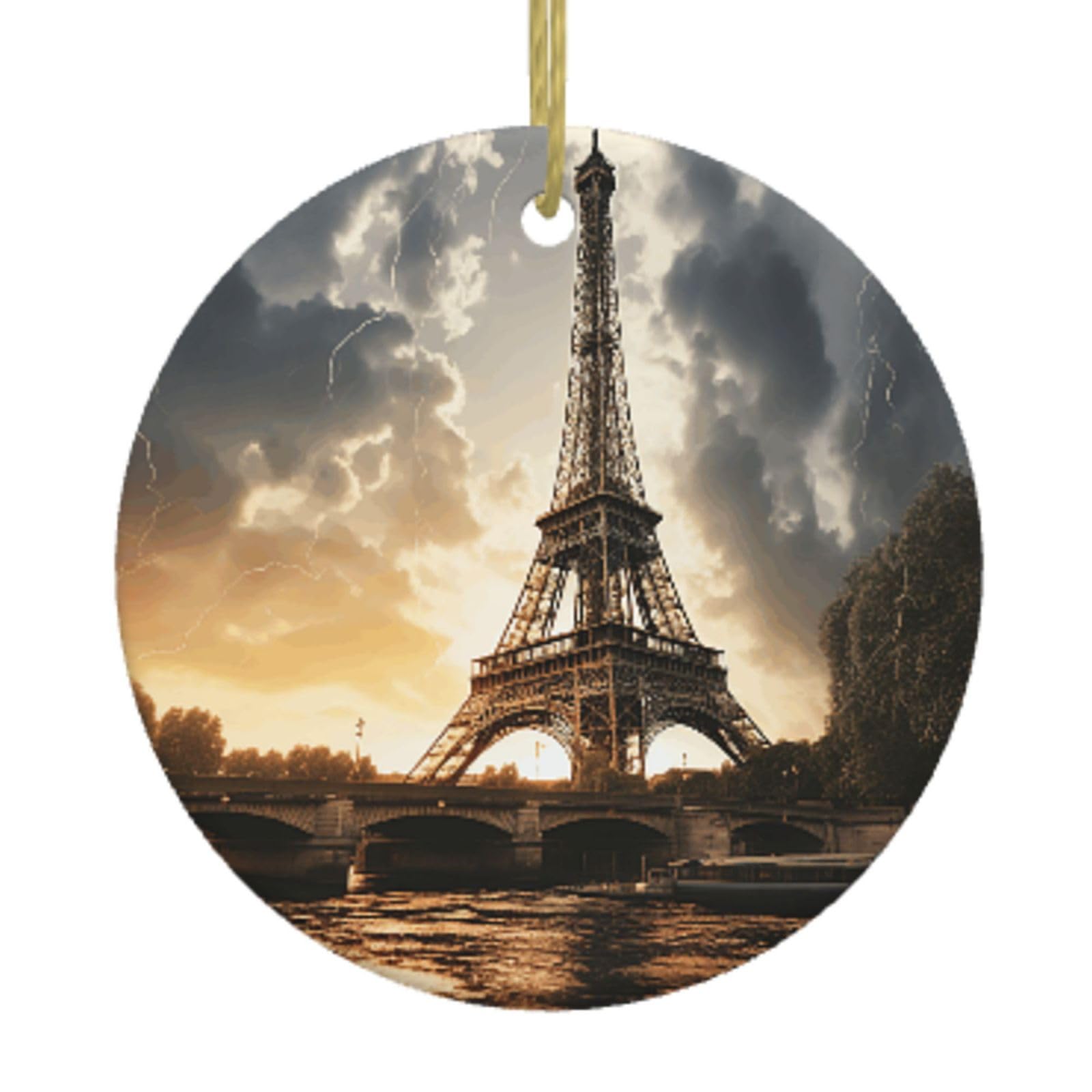 Ceramic Christmas Tree Hanging Ornaments with Gold Ropes Christmas Tree Decorations Round Ceramic Eiffel Tower Pendant Keepsake Decorations for Holiday Xmas Gift Ideas