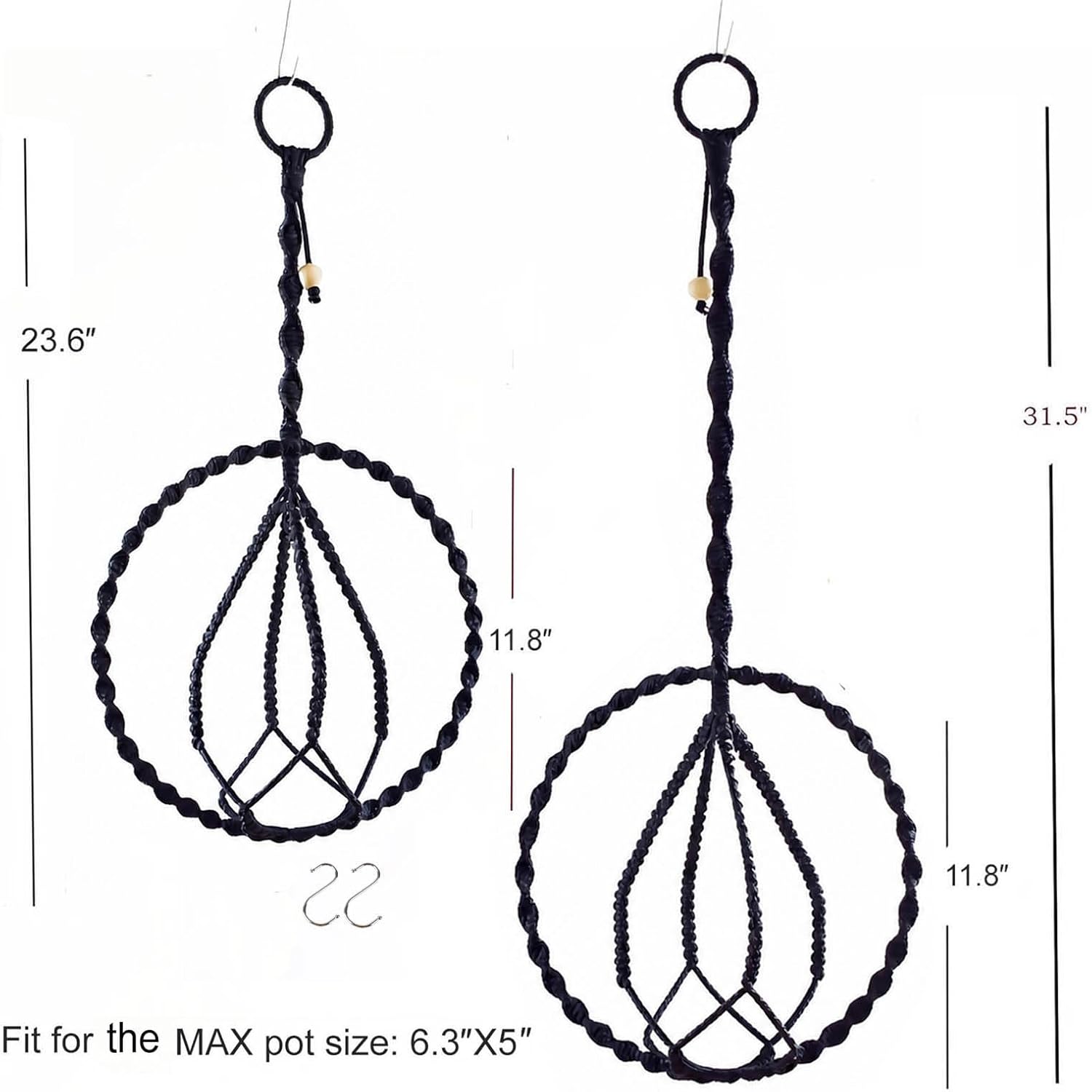 2-Pack Indoor Plant Holder, Macrame Hanging Planter for Home Decoration, Boho Plant Hanger by Window, 2 Sizes: 11.8" X23.6“, 11.8“ X31.5” Black(No Pot and Plant Included)