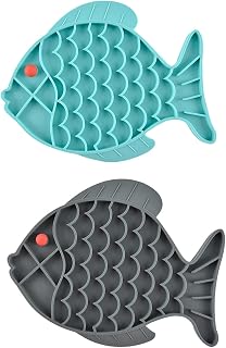 Guardians 2-Pack Fish-Shaped Silicone Slow Feeder Cat Bowls & Lick Mats for Dogs Cats - Healthy Eating Anxiety Relief Blue Grey