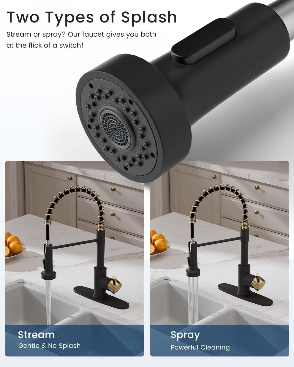 APPASO Grifo de cocina negro y dorado con dispensador de jabón, níquel cepillado, grifo de cocina extraíble, grifo comercial de arco alto de una sola manija para fregadero