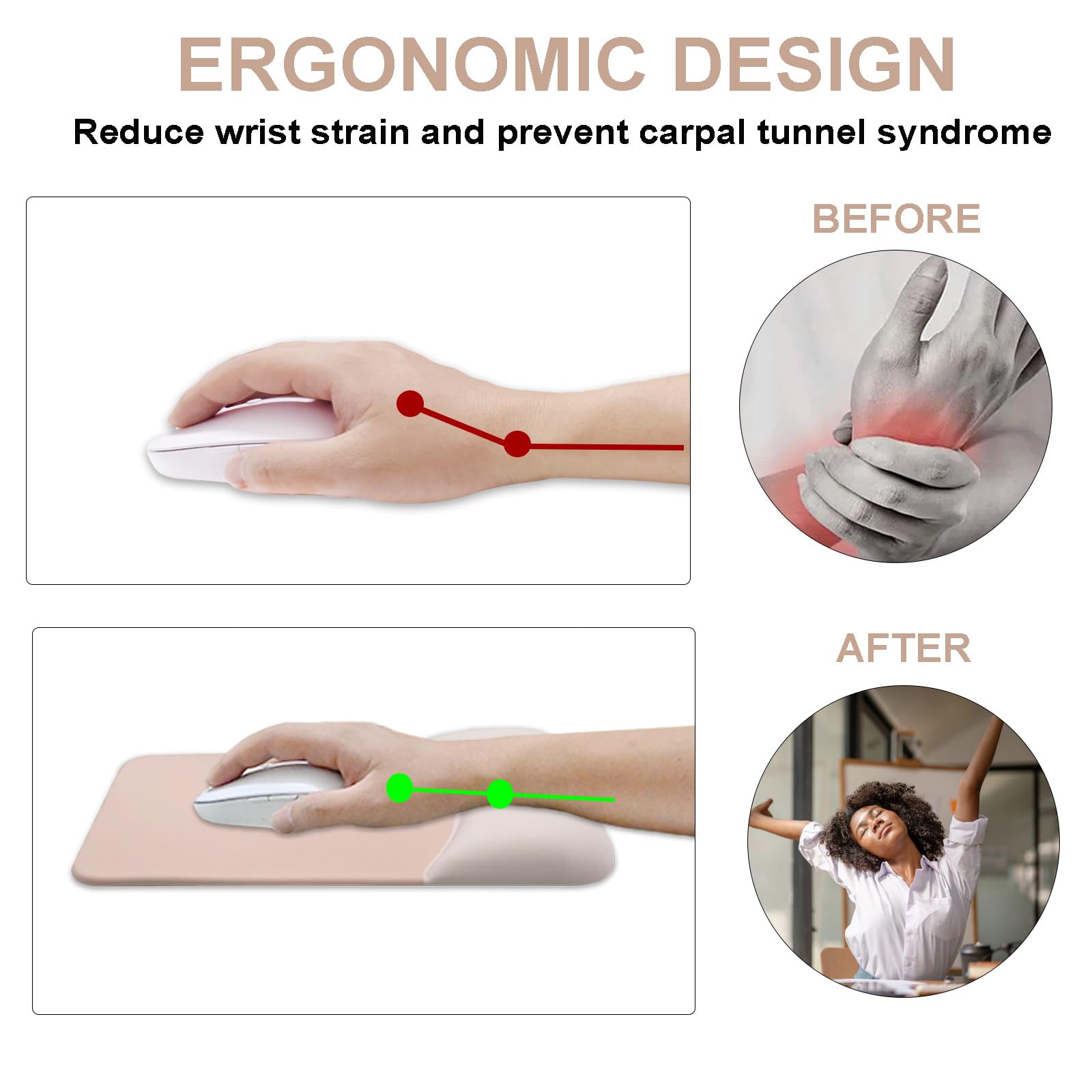 Ergonomic Mouse Pad with Wrist Rest, Gel Keyboard Wrist Rest and Memory Foam Wrist Rest for Computer Keyboard, Typing Pain Relief, Non-Slip Base Rectangular Mousepad for Gaming, Office, Home, Apricot