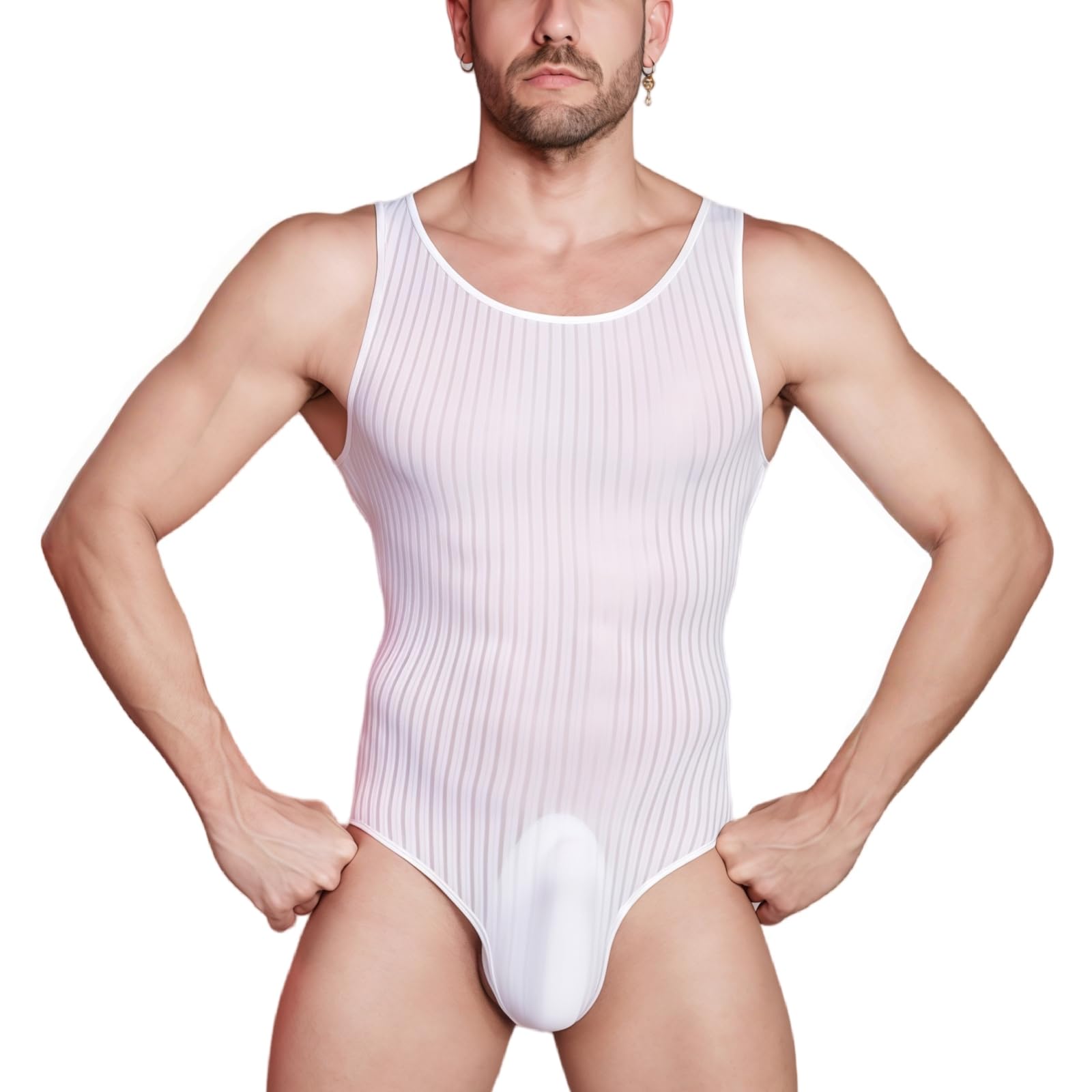 Hybursky Men's Sleeveless Leotard Bodysuit See Through Striped One Piece Jumpsuits Undershirt Mens Lingerie Bodysuits Sheer Mesh Wrestling Singlet Party Clubwear Nightwear, White