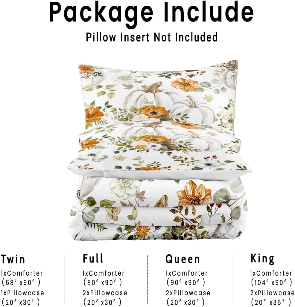 Autumn Watercolor Pumpkin Comforter Set Orange Floral Printed Quilt Bedding Set with 1 Comforter and 2 Pillow Covers for Bedroom Dormroom All Season Queen 90x90inches