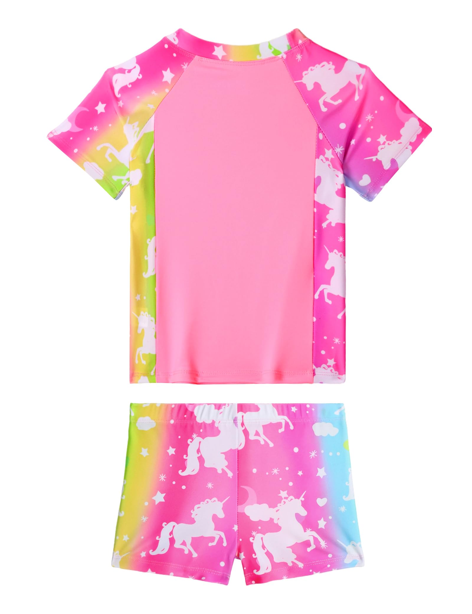 Girls Rash Guard Swimsuit Size 4-5 Years Old Pink Stripe Unicorn 2 Piece Short Sleeve Bathing Suits