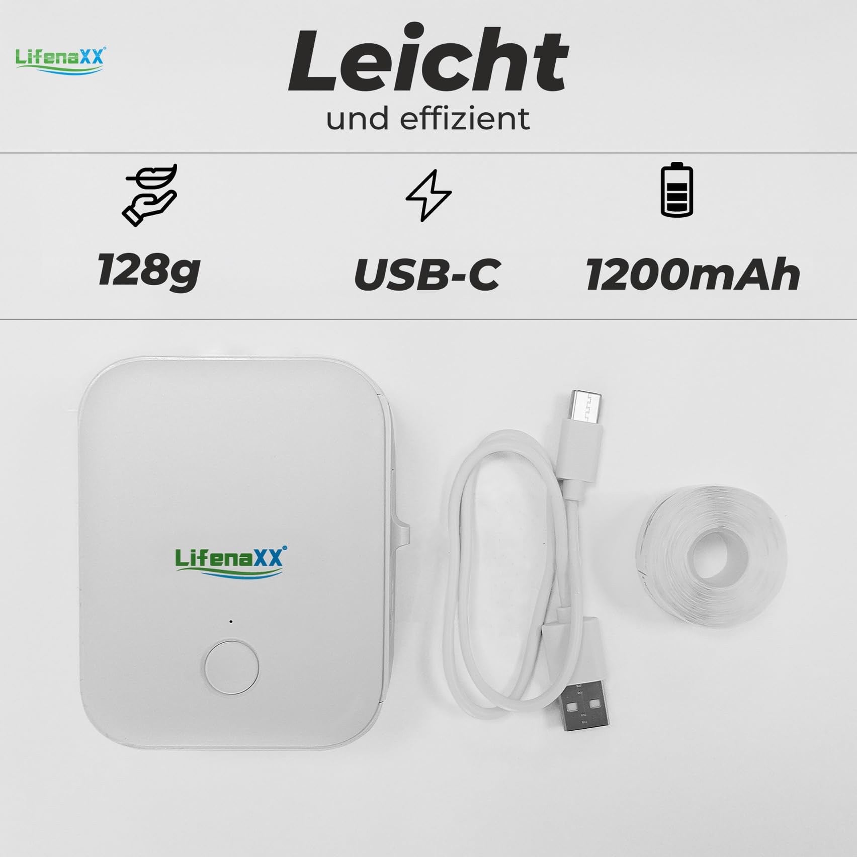 Lifenaxx Tragbarer Thermodrucker mit Etiketten LX-048 - Drahtloses, appbasiertes Drucken, USB-C wiederaufladbar, 1000 Etiketten pro Ladung - Mini-Tintenloser Etikettendrucker für Zuhause & Büro
