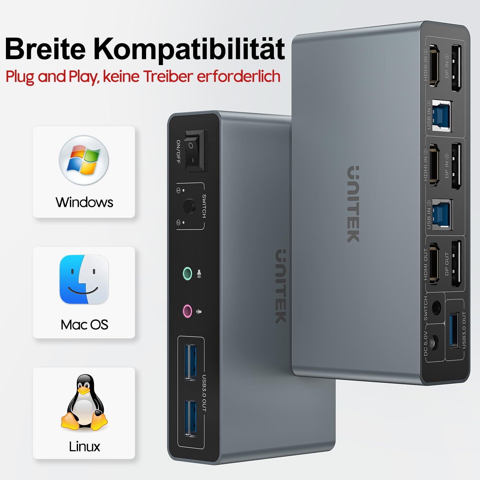 Unitek KVM Switch für 2 Monitore und 2 Computer 4K@60Hz HDMI Displayport KVM-Switcher 3 USB-Ports für gemeinsame Nutzung von Tastatur Maus Mikrofon Headset-Anschlüsse 2 USB-B-Kabel 5V DC