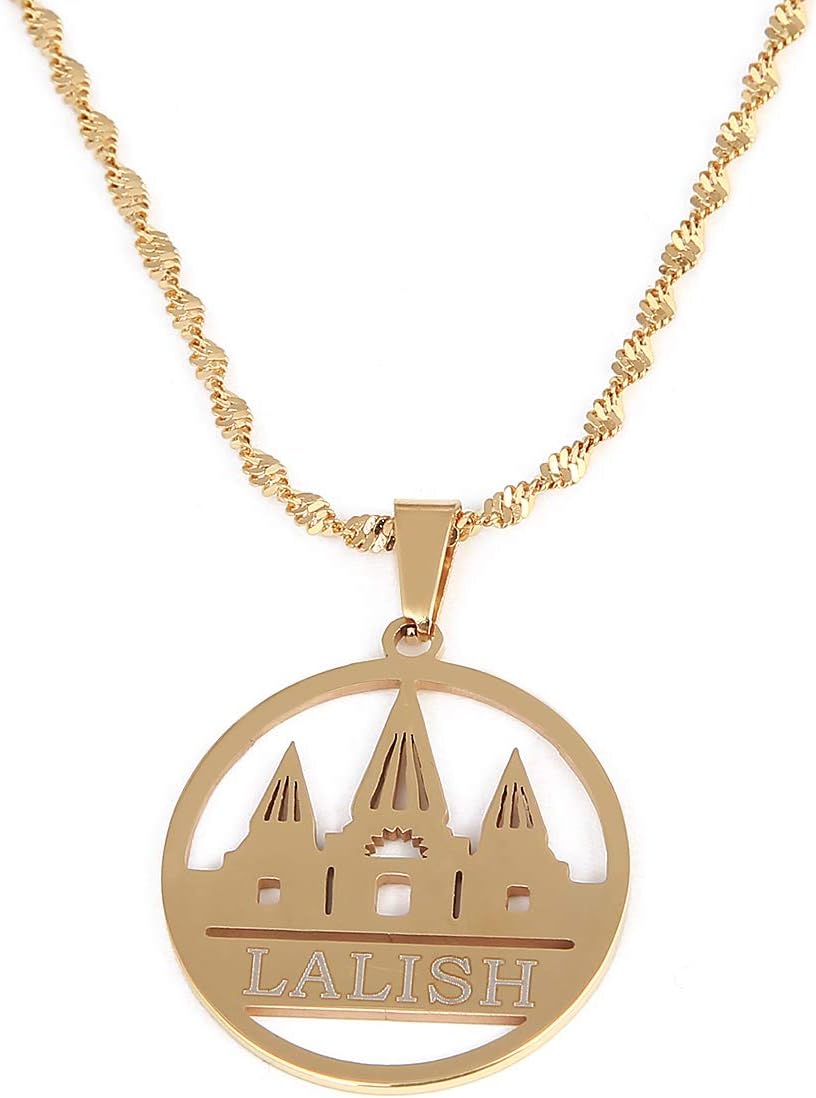Stainless Steel Lalish Pendant Necklaces Yezidi Faith Pilgrimage Trendy Round Jewelry (Gold)