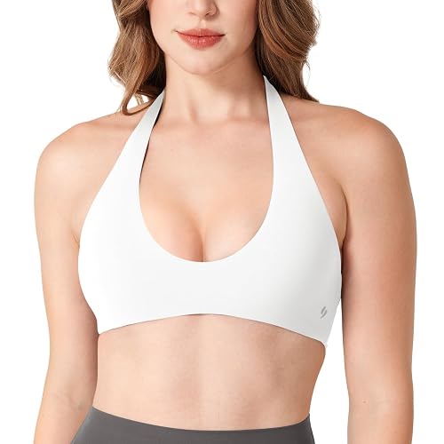 YEOREO CoreFlex U Neck Workout Sports Bra | Halter, Open Back, Gym, Deep V, Low Impact, Yoga, Backless Bra - Large - White