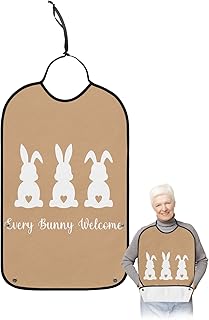 BOBOWUNY Spring Easter Adult Bibs for Elder Women Men Eating, Every Bunny Welcome Vintage Beige Waterproof & Washable Bibs for Eating Clothing Protector Dining Bibs for Crumb Catcher