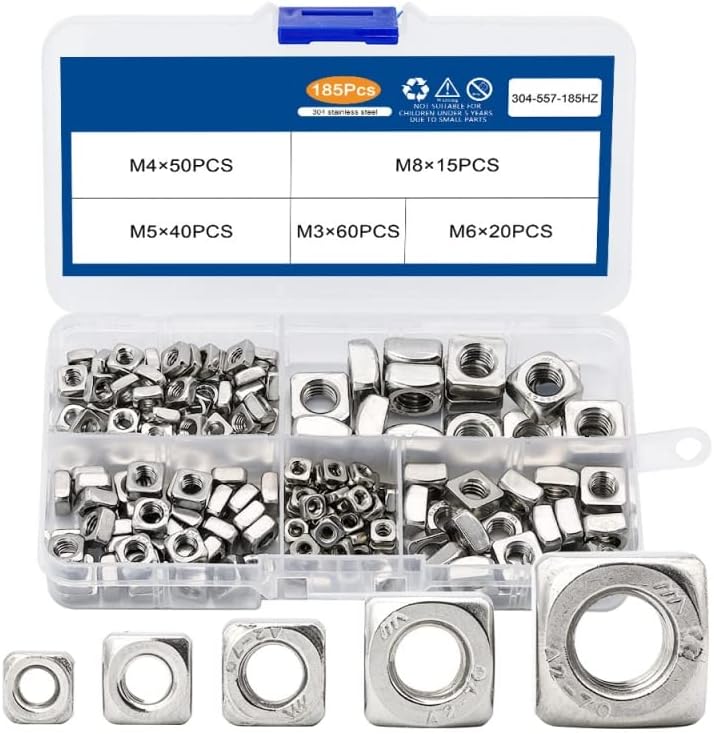 185pcs 304 stainless steel square nut set, various specifications of square inner nuts