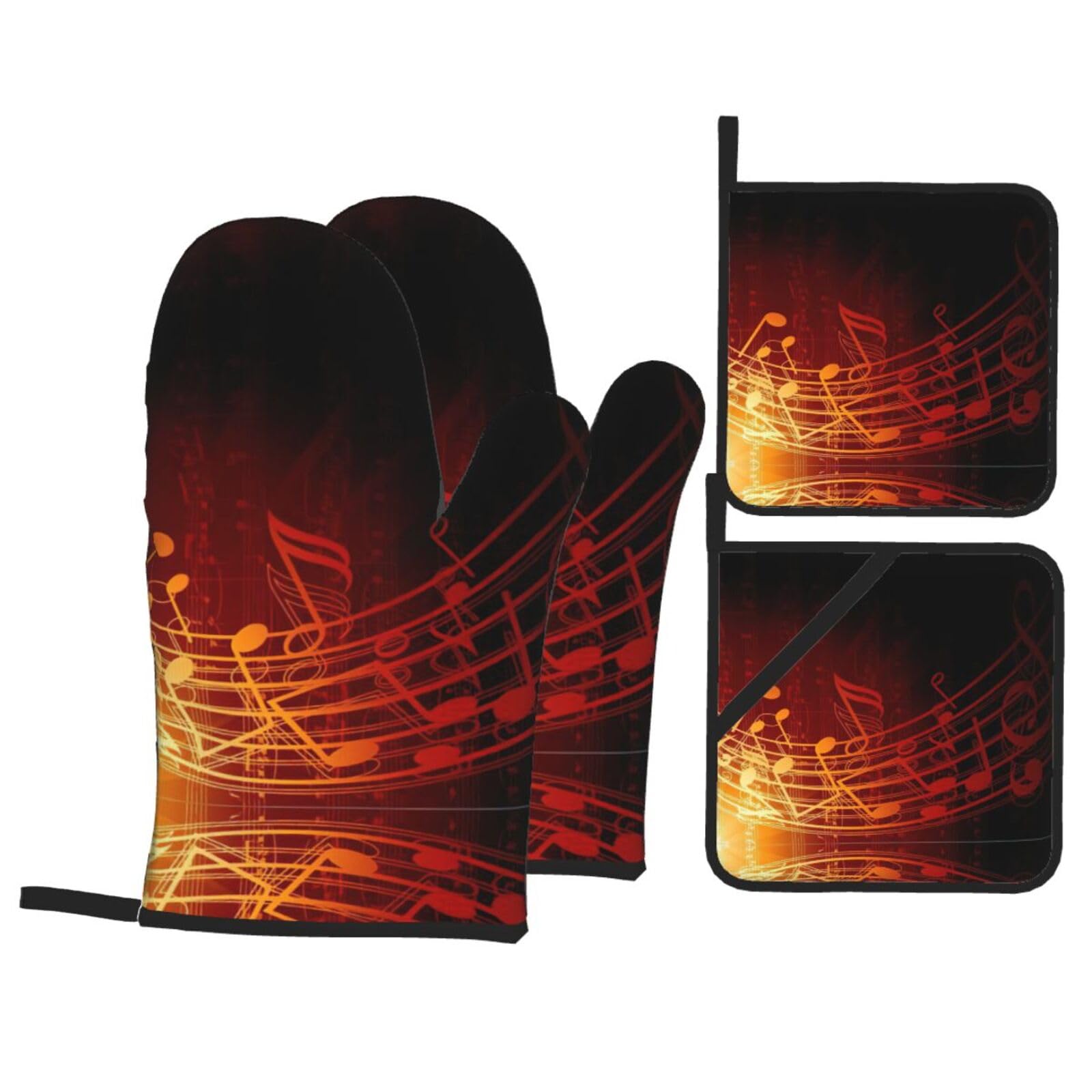 Yagdaa Black Red Flame Music Note Print Oven Mitts Pot Holders 4 Pcs Set Kitchen Oven Gloves Cooking Baking Grilling Accessories