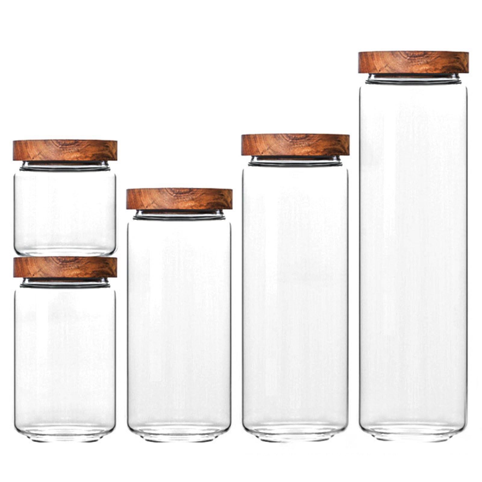 Dxcaicc 5 Stück Glas-Vorratsgläser mit Holzdeckel, multifunktionale Flasche, transparente Vorratsgläser,dekorative Glas-Vorratsflasche für Gewürze, Zucker,Salz,Tee,Nüsse,Kaffeebohnen