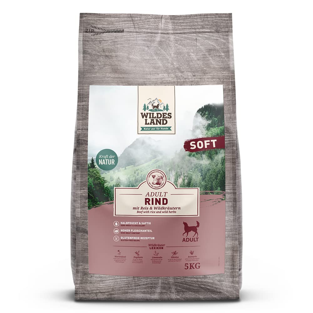 Wildes Land Halbfeuchtes Trockenfutter für Hunde Nr. 5 Rind 5 kg | Mit Reis und Wildkräutern, Glutenfrei, Extra viel Fleisch, Für alle Hunderassen, Beste Akzeptanz und Verträglichkeit