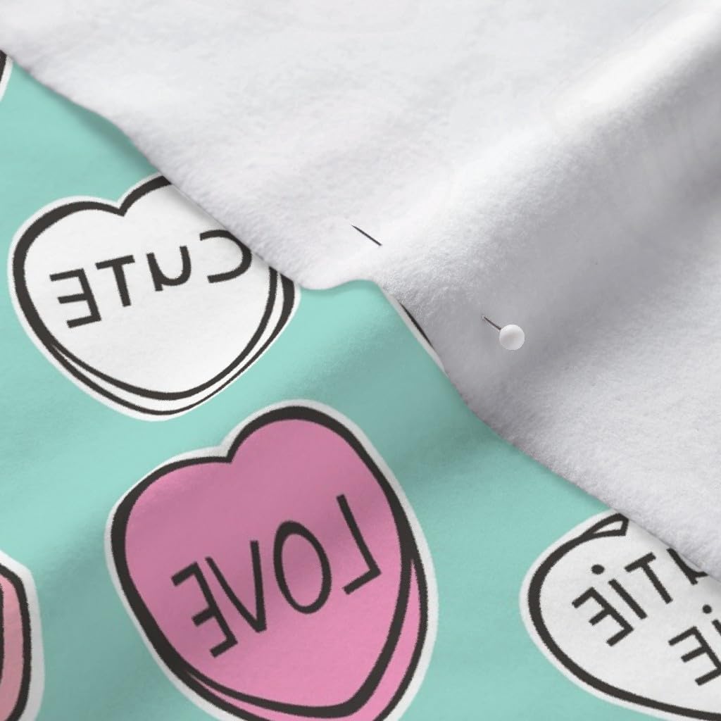 Spoonflower Fabric - Candy Hearts Valentine Love Mint Green Valentines Day Printed on Polartec(R) Fleece Fabric by The Yard - Sewing Blankets Loungewear and No-Sew Projects