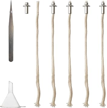 5 Pcs 1/2-Inch Diameter Aluminum Tube Holder Wick Replacement Cotton Torch Wicks with Tweezer and Oiling Funnel for Candle Lamp and Small Oil Lamp Alcohol or DIY Oil Lamps Burner