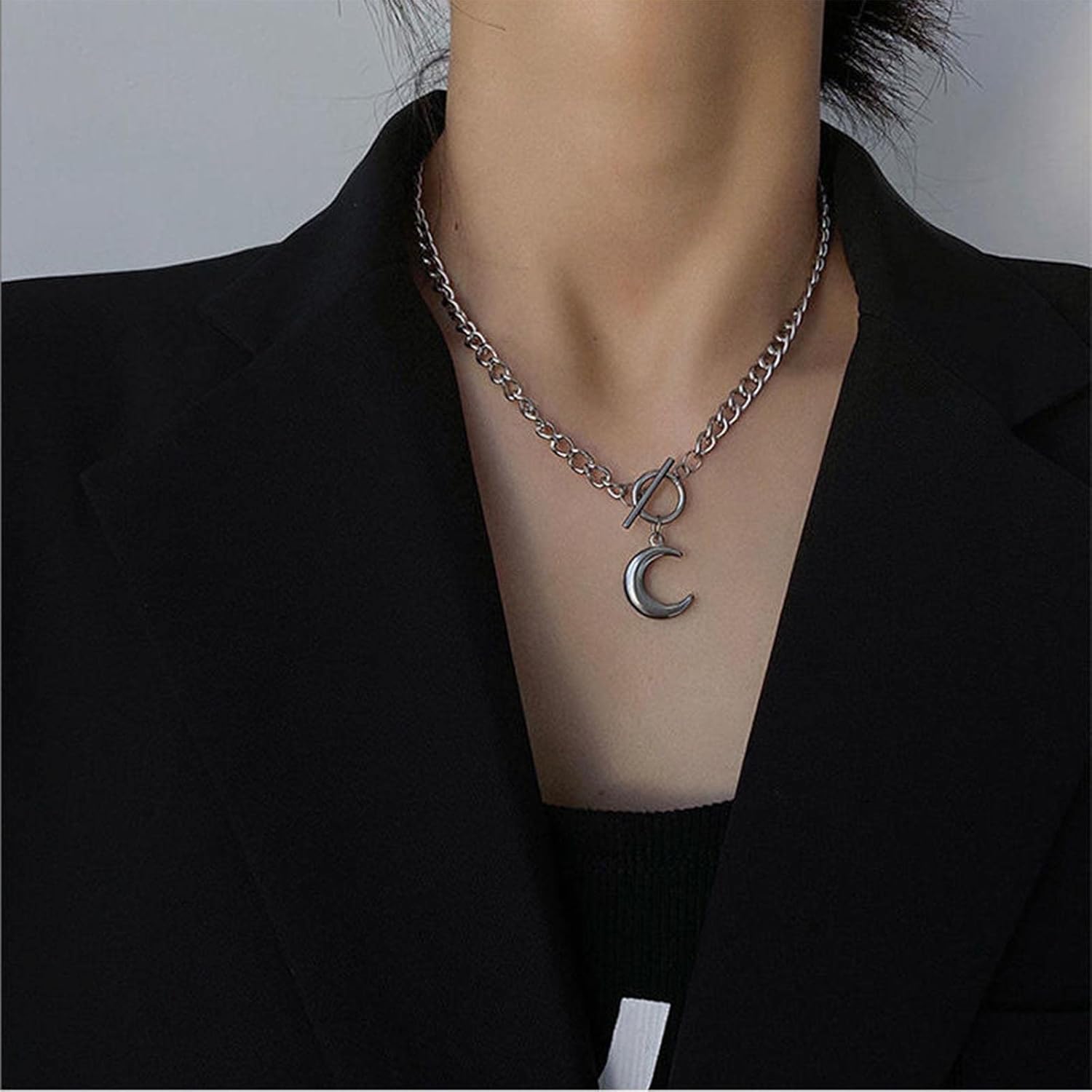 Boho Moon Crescent Choker Necklace Crescent Pendant Necklaces Half Moon Necklace Chain Silver Toggle Clasp Necklaces Jewelry for Women - Image 2