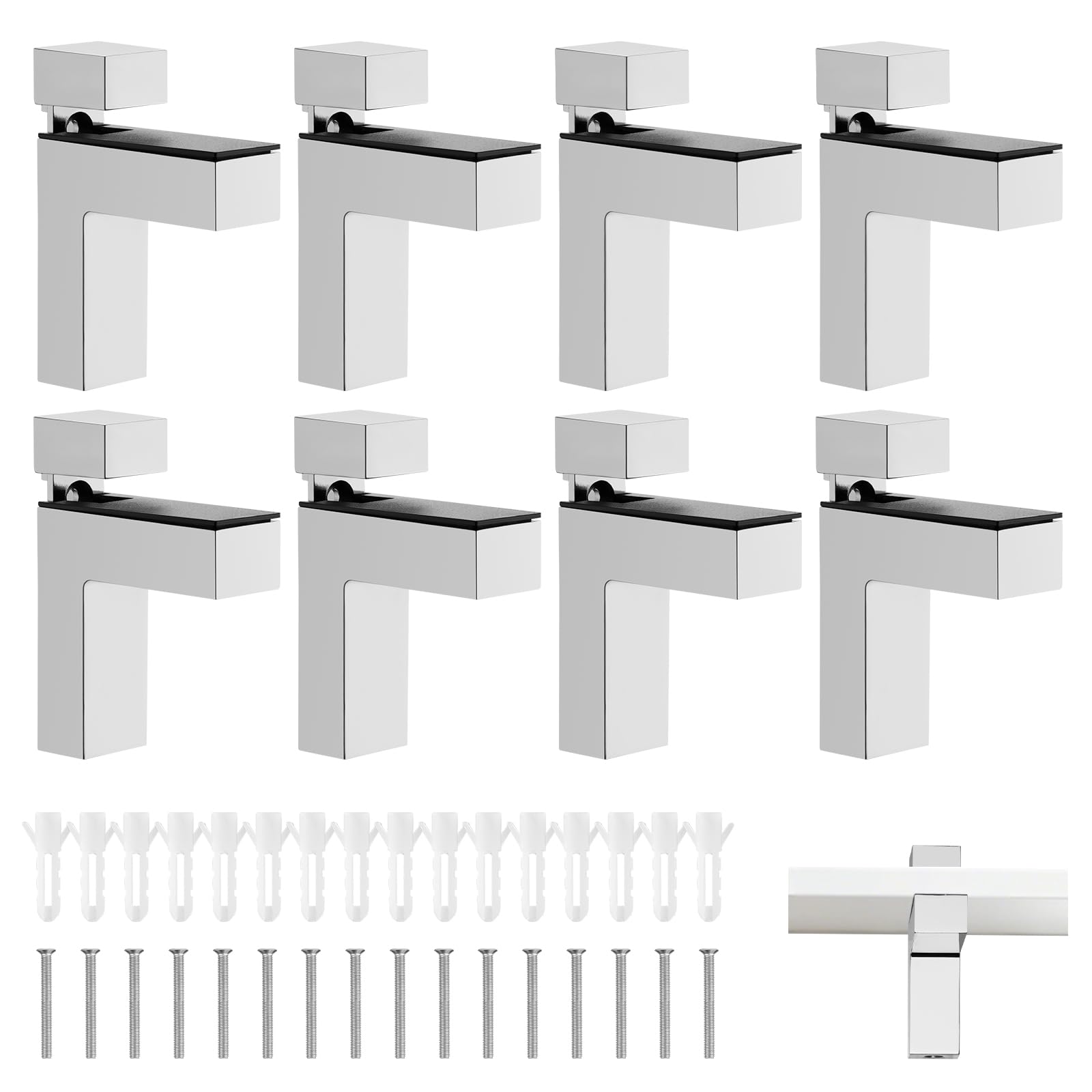 8 soportes flotantes resistentes para estantes, soporte ajustable para estante de pared, soporte de abrazadera plateado para estantes de madera/vidrio de 2 a 38 mm de grosor, con tornillos
