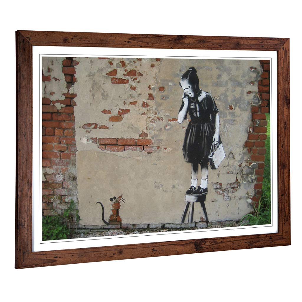 Big Box Art Framed Print of Banksy Girl & Rat Graffiti Design | Wall Art Picture | Home Decor for Kitchen, Living Room, Bedroom, Hallway, Walnut, A2 / 24.5x18 Inch / 62x45cm