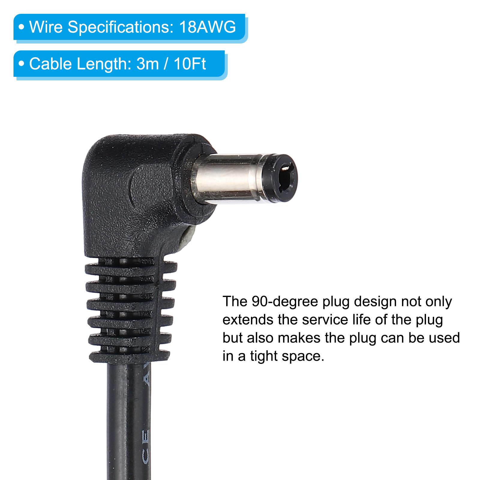 PATIKIL 10 stóp 5,5 mm x 2,5 mm męski na męski kabel zasilający DC, 18AWG adapter do przewodu 90 stopni Kabel przedłużający kątowy do taśm LED, kamery monitorującej DVR.
