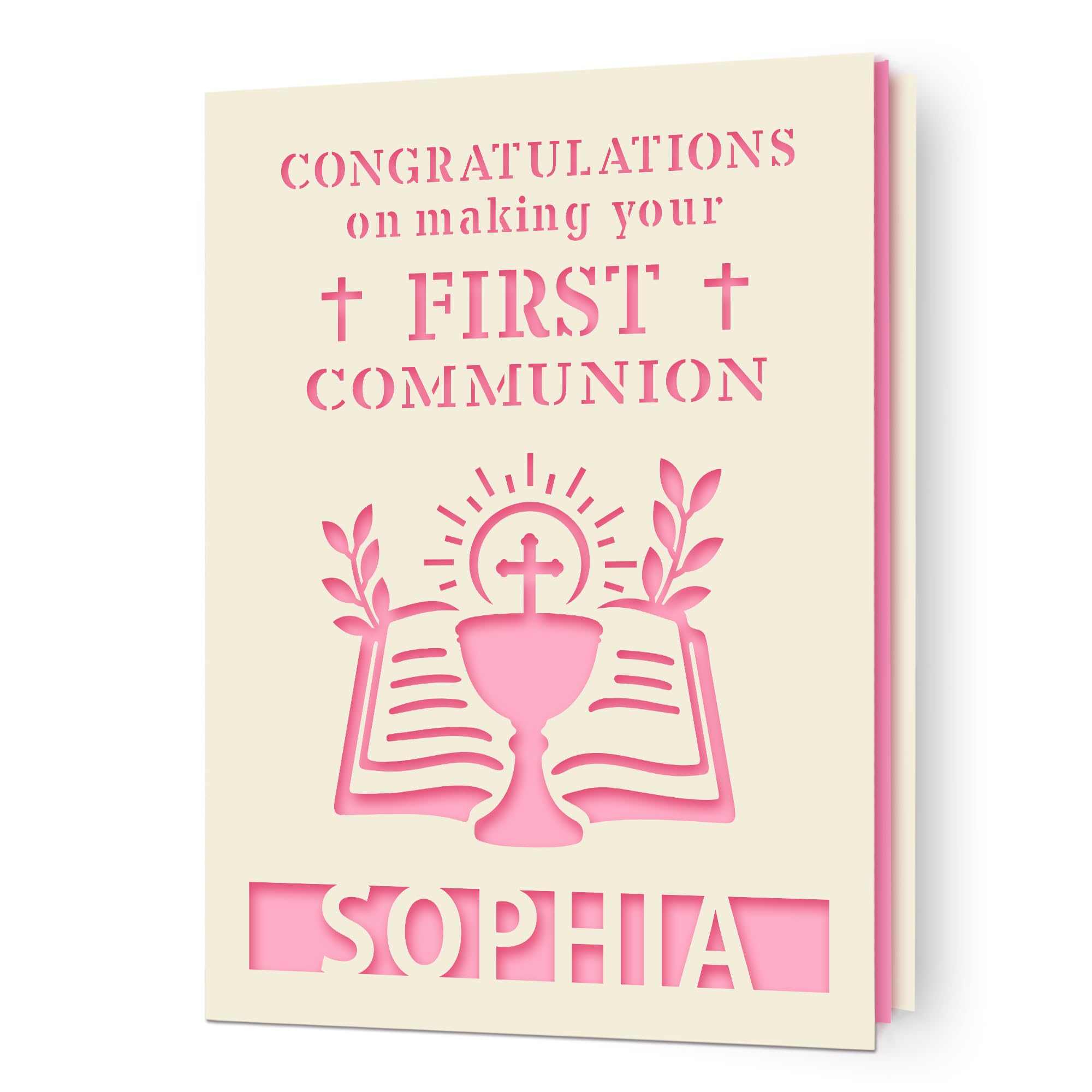 EDSG Personalised First Holy Communion Card, Communion Congratulations Card with Envelope, First Holy Communion Card Gifts for Boys Girls Daughter Granddaughter Grandson (Pink)