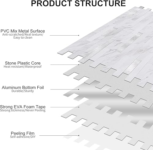 Miniatura 5 de V-MOZZA Pelar y pegar, 10 hojas de azulejos de PVC para despegar y pegar, azulejos de pared para azulejos de salpicaduras para cocina y baño