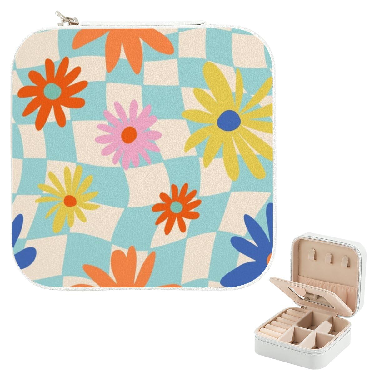 Hippie Aesthetic Flower Illustration Jewelry Box For Women Leather Portable Jewelry Organizer Best Travel Accessories For Women Travel