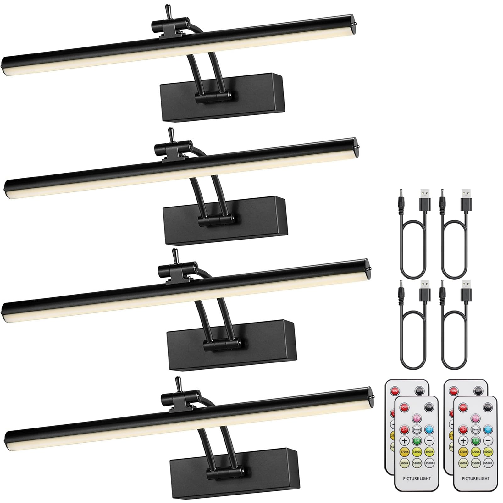 Yuichoy 4 Pack Picture Lights for Wall Battery Operated, 12 inch Wireless Art Lighting for Painting, 6 Colors Picture Frame Lights with Remote, Dimmable 4200mAh Gallery Light, Black