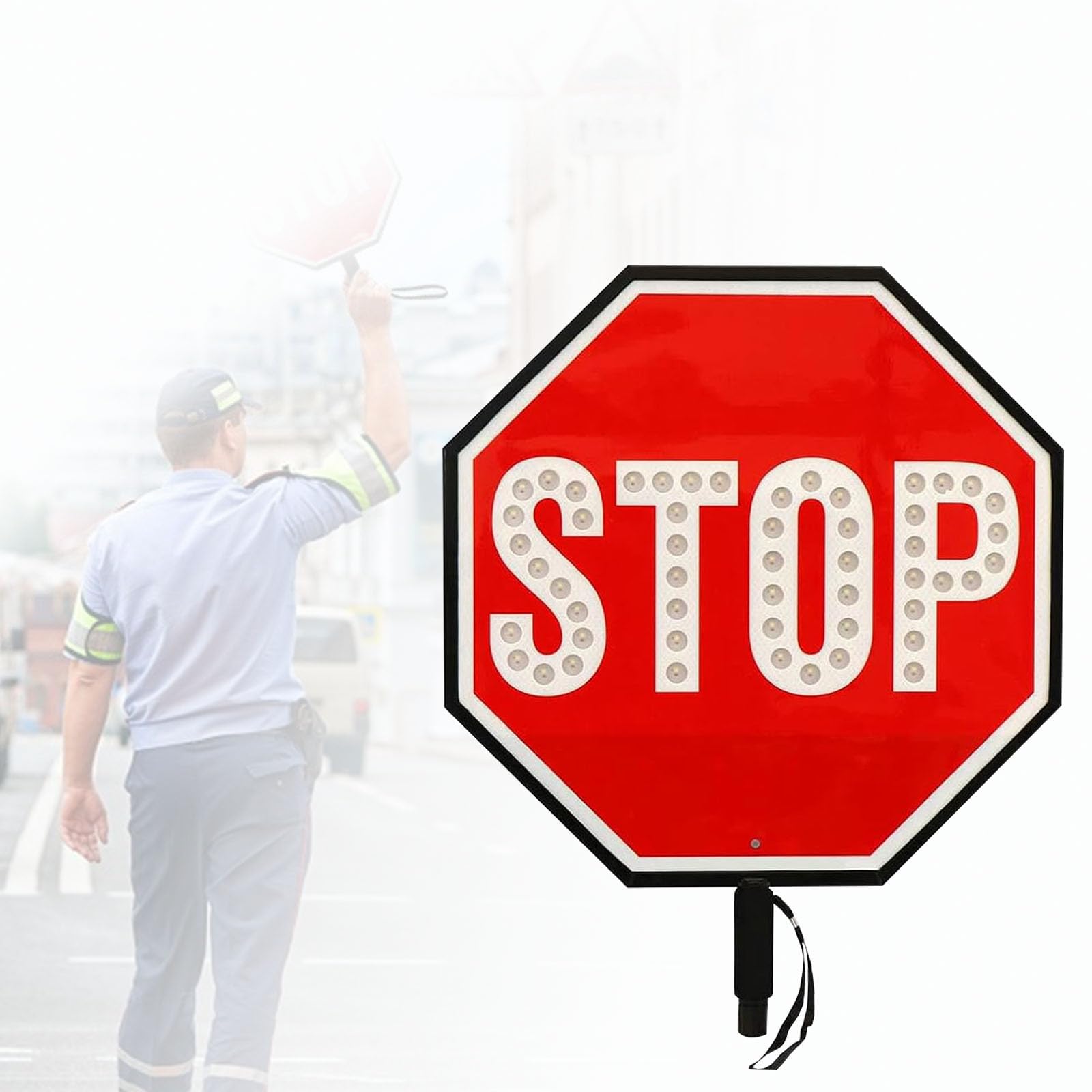 KJZQXYX 45cm/18in Double-Sided Stop Sign, Rechargeable LED Reflective Hand Held Sign,Industrial Warning Signs, Steady/Flashing Light Modes (Stop/Stop)
