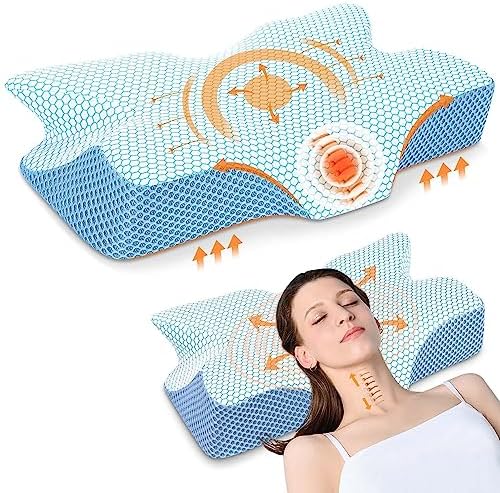 Anvo Cervical Neck Pillow for Neck and Shoulder Pain - Memory Foam Neck Pillows for Pain Relief Sleeping, Side Sleeper Pillow, Contour Orthopedic Firm Pillow for Back Stomach Sleeper - Blue