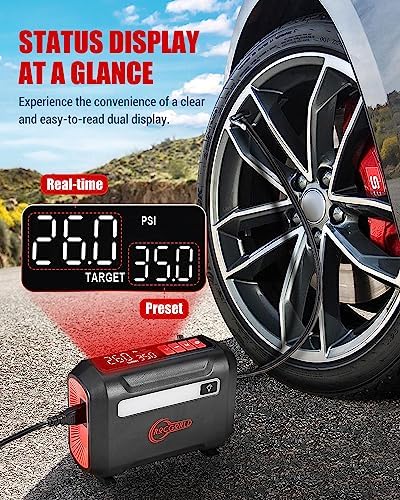 The tire inflator being used to inflate a car tire.