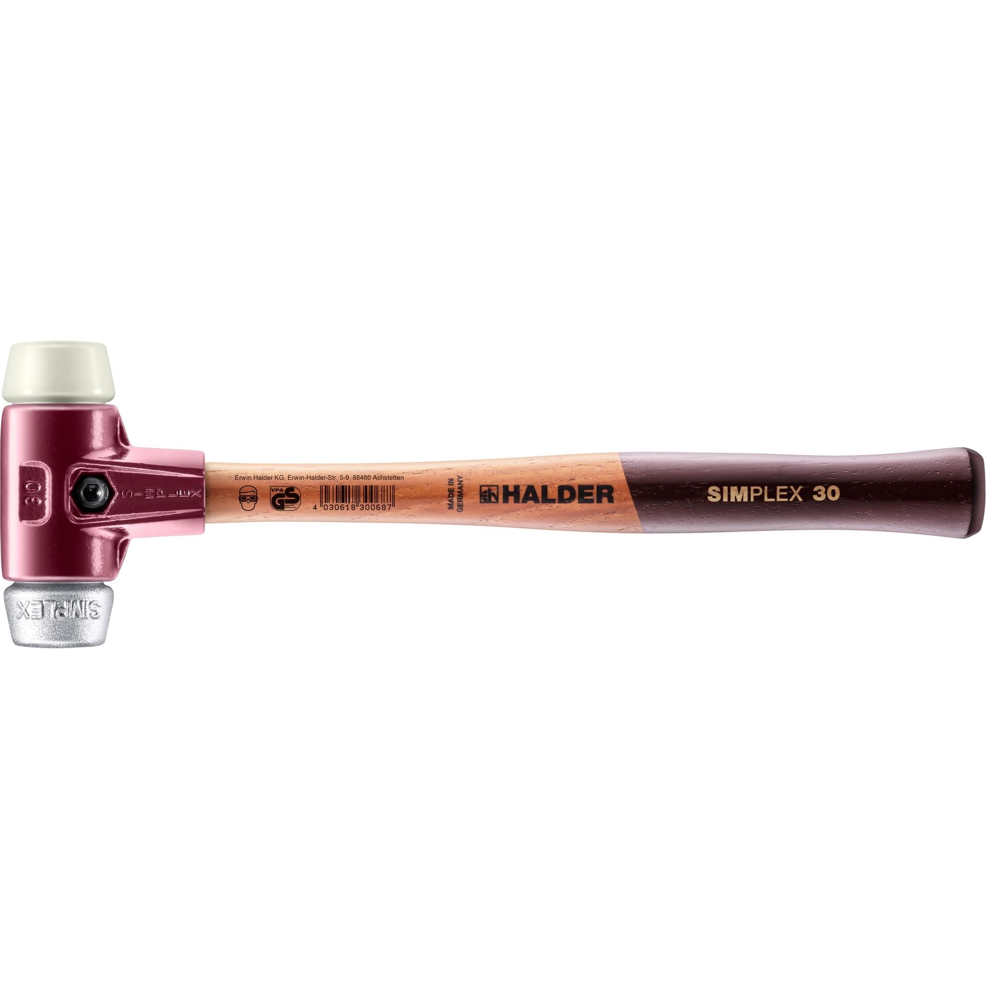 SIMPLEX-Schonhammer, Nylon/Weichmetall; mit Tempergussgehäuse und hochwertigem Holzstiel | D=30 mm | 3089.030
