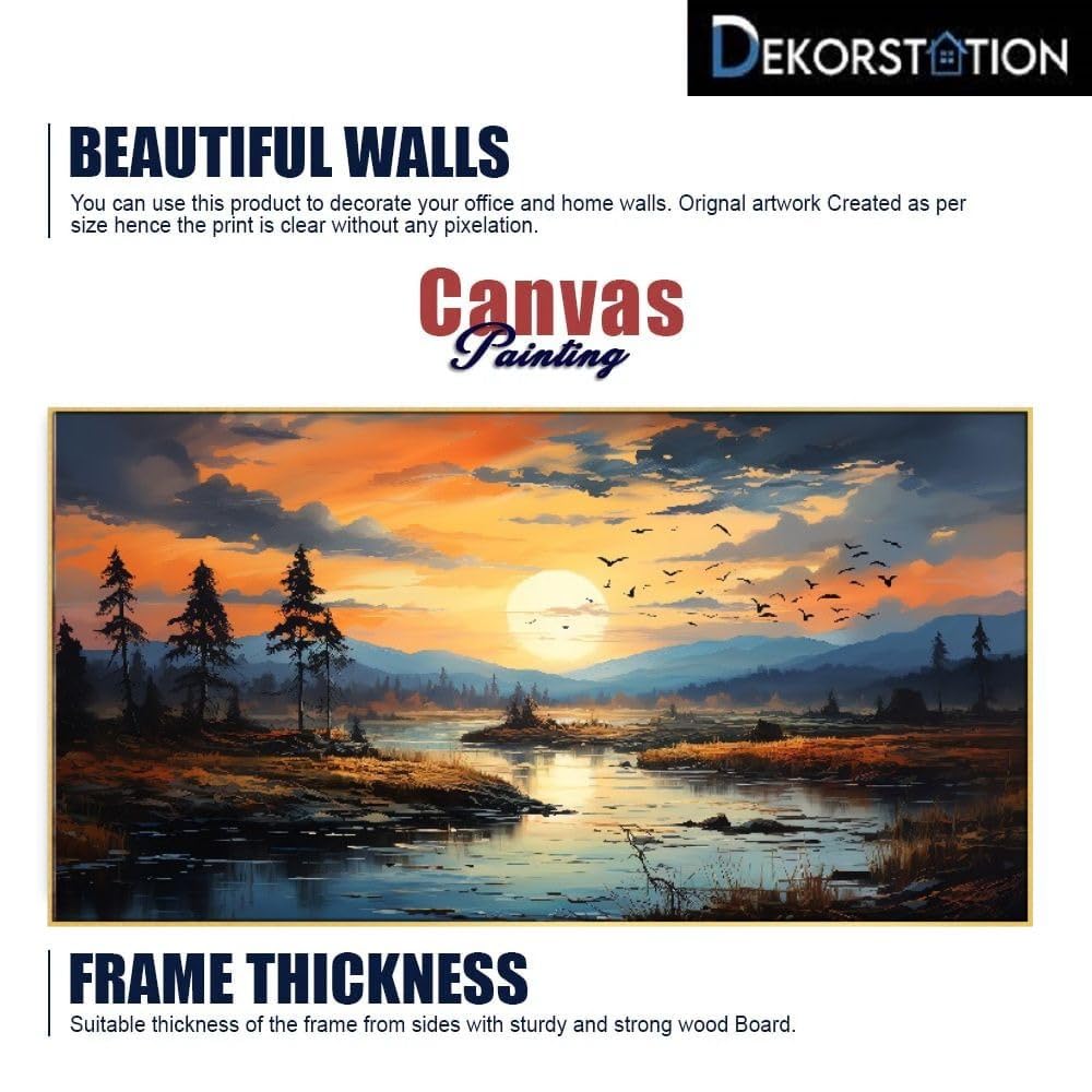 DEKORSTATION Beautiful Nature Sunset Over a River with Trees and Mountains Floating Frame Canvas Wall Painting for Living Room |Bedroom | Office | Drawing room |Hotels Decoration (12 Inch x 18 Inch) 3