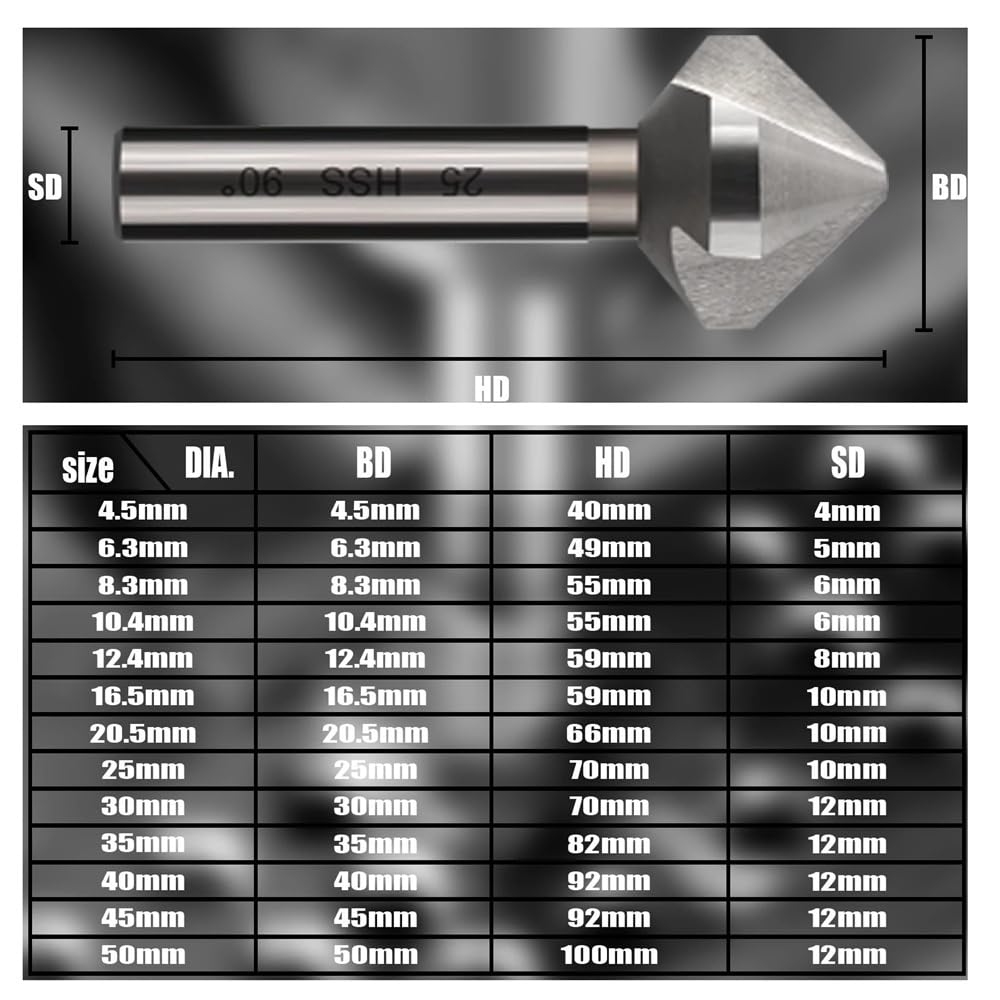 Broca de chaflán para metal Broca avellanadora HSS M2 de 1 pieza, fresa de extremo de 90 grados de 3 flautas for acero y aluminio.(50mm)