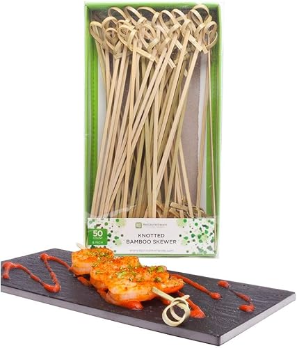 Púas de aperitivo de 6 pulgadas, 50 púas de pincho anudadas - Nudos en bucle, para alimentos o bebidas, pinchos de cóctel de bambú, extremo