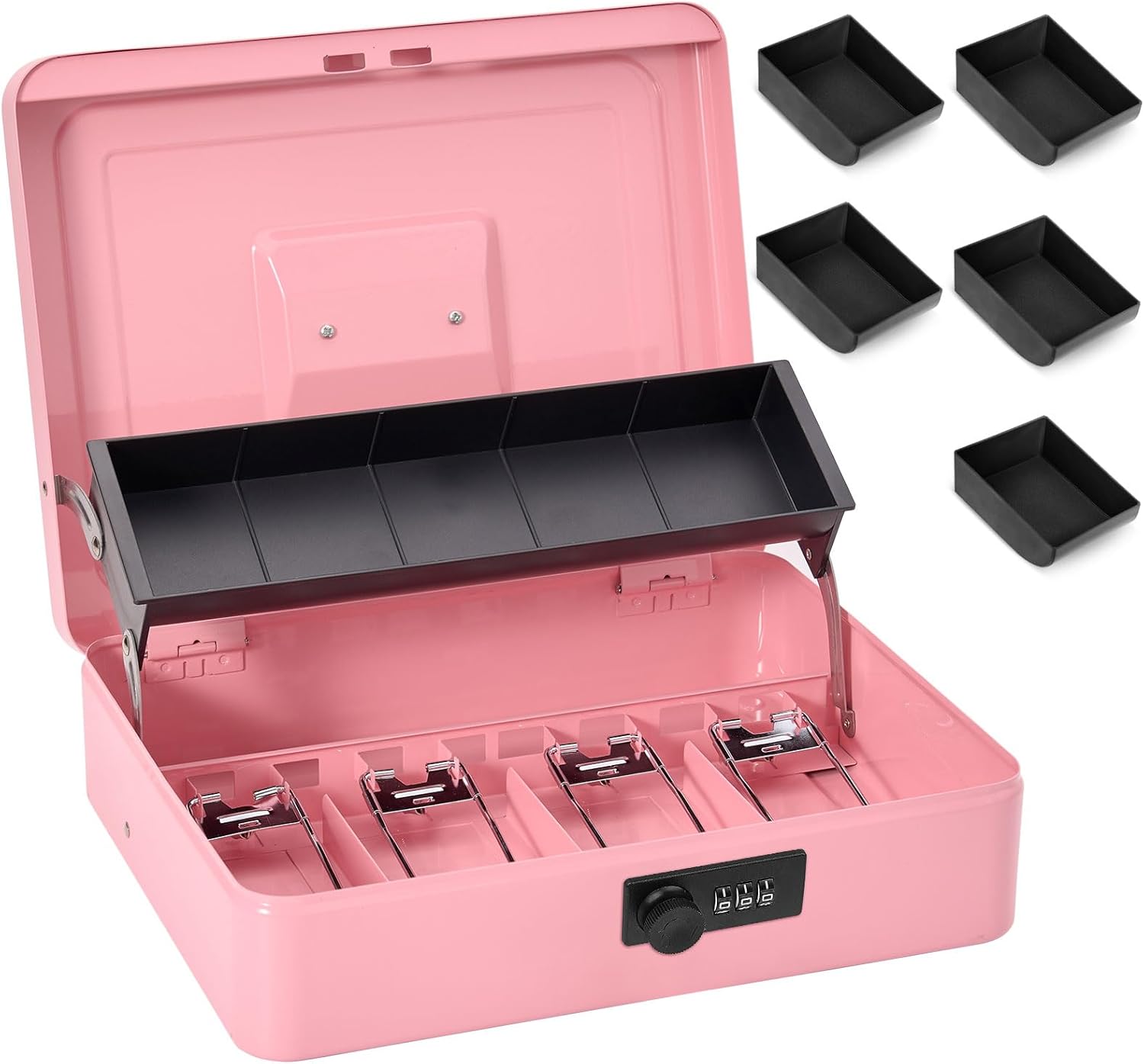 Large Locking Cash Box with Combination Lock and Money Tray, Money Box with Cash Tray, Lock Safe Box for Office Business, 11.8" x 9.5" x 3.5", Pink