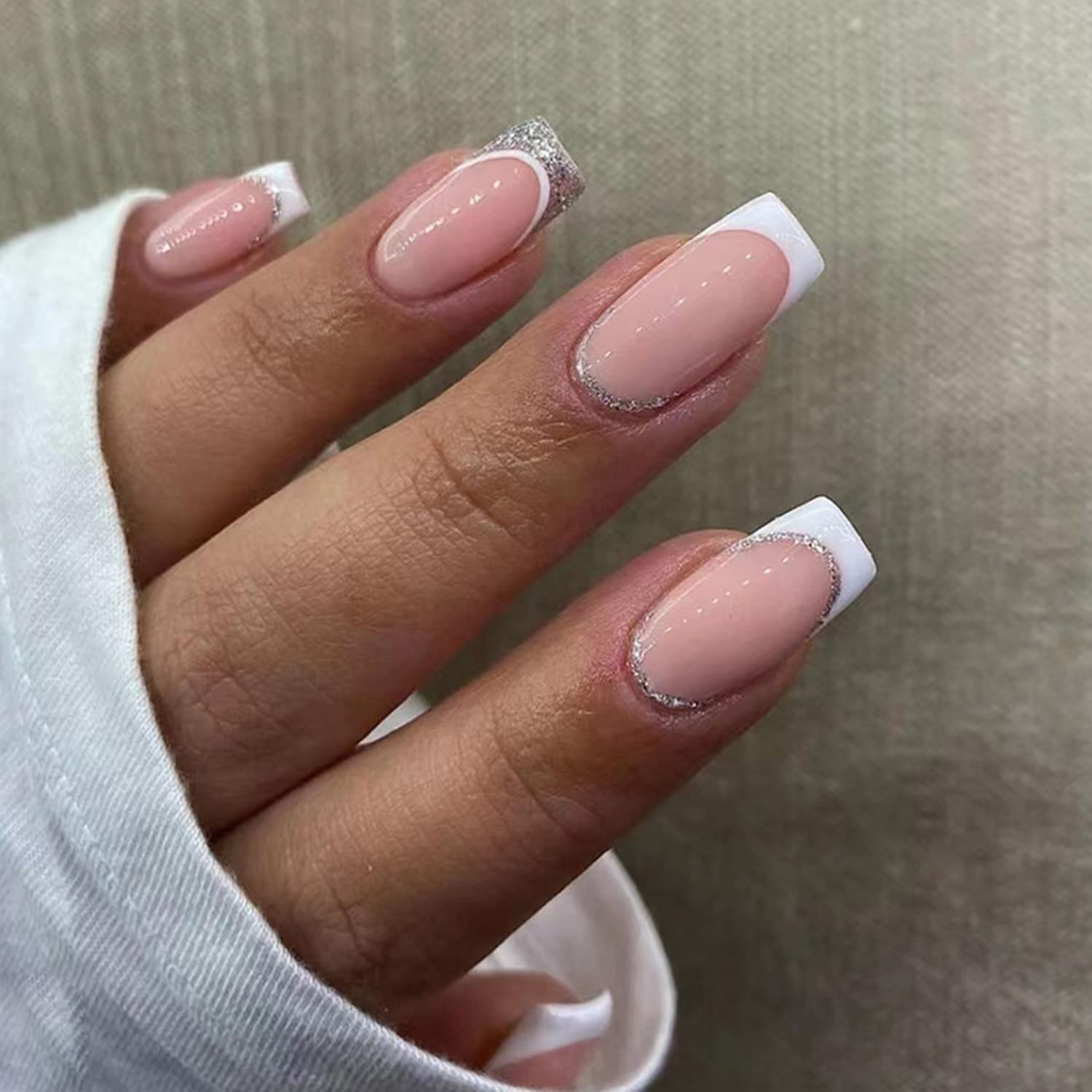 French Press on Nails Medium Length Fake Nails Full Cover Square Nude with Glitter Powder Design Fake Nails Almond Stick on Nails Artificial Acrylic