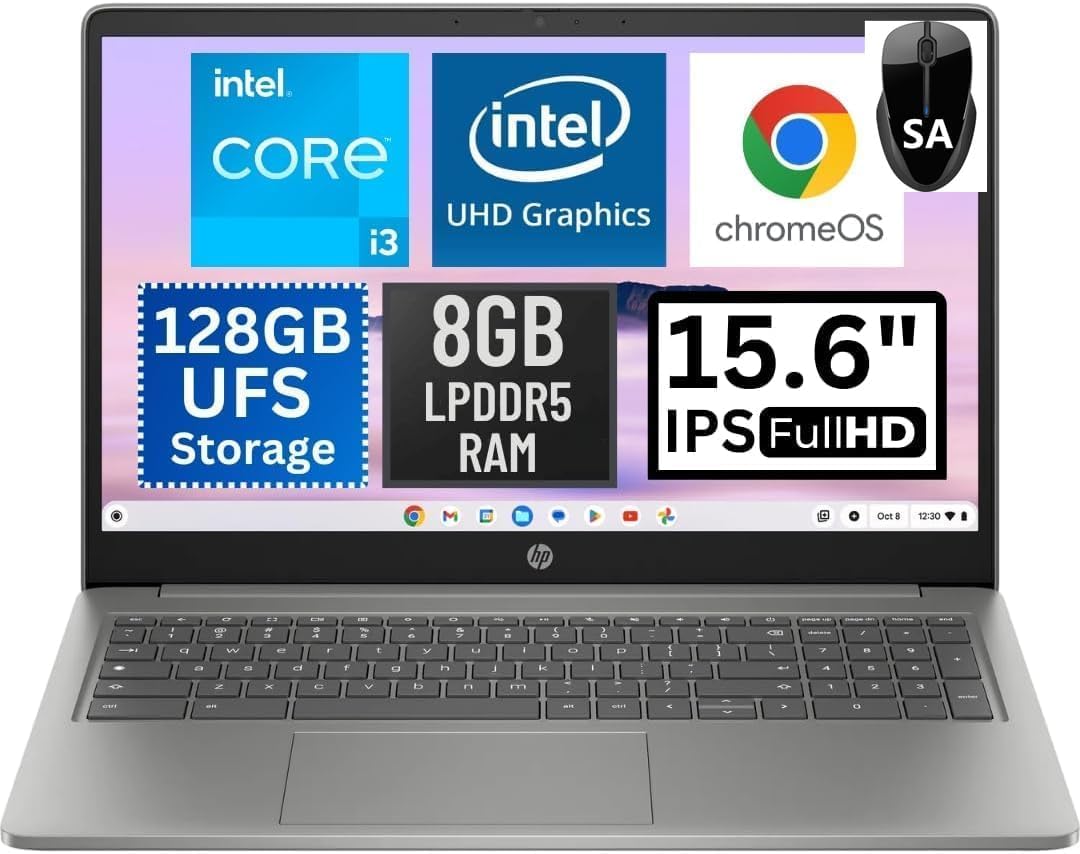 HP Chromebook Plus 15.6 inch FHD Premium AI, Intel Core i3-N305, Intel UHD Graphics, 8GB LPDDR5-4800 MHz, 128GB UFS, Ultra-Fast WiFi 6 Up to 9.6Gbps,