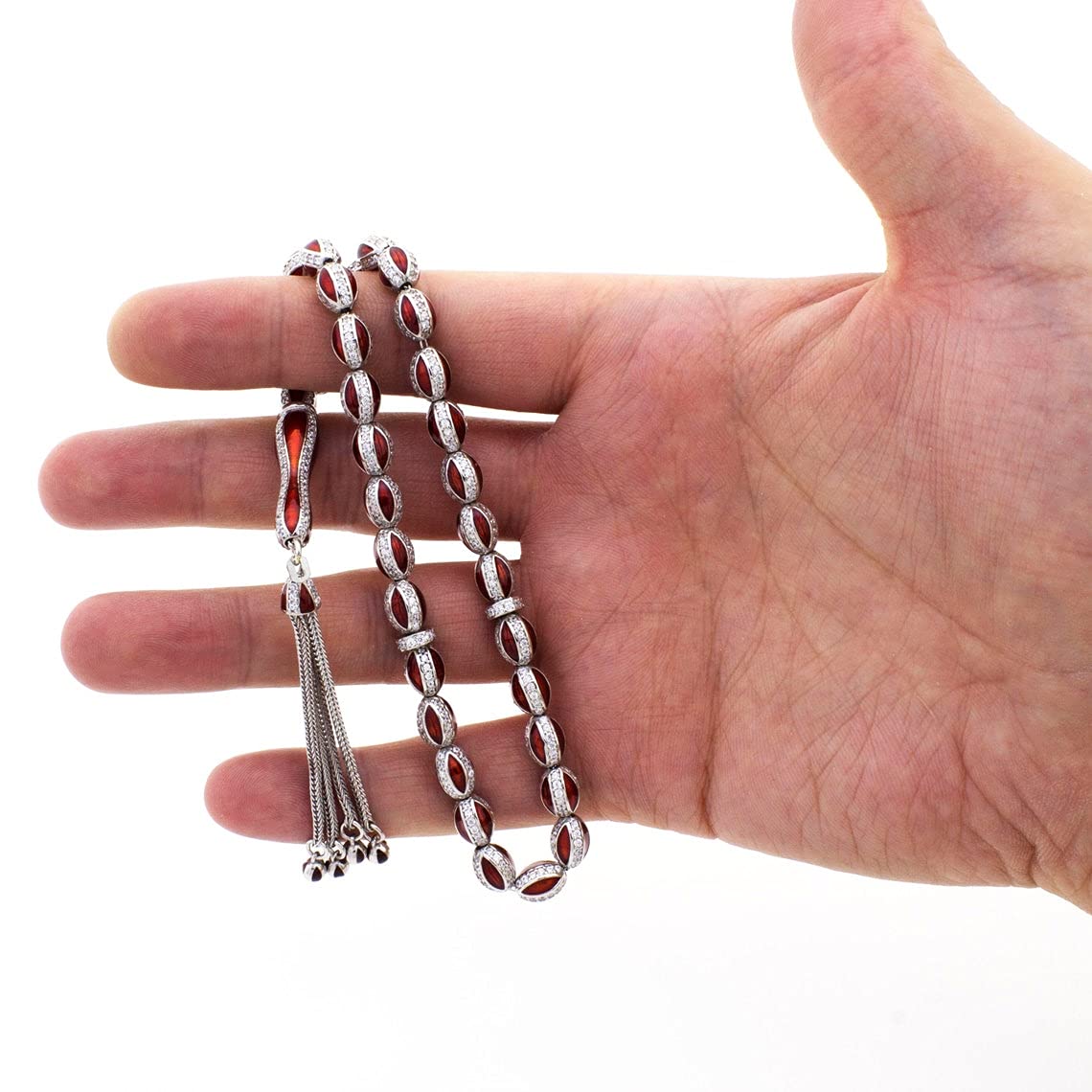 Rosario de oración de plata de ley 925 hecho a mano con esmalte rojo con microcirconita decorada con 33 cuentas, Plata esterlina, Circón