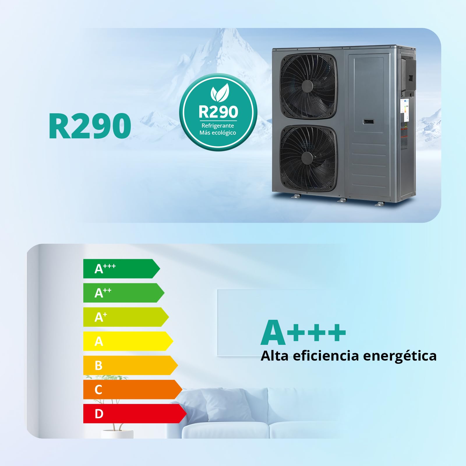 SMETA Bomba de Calor, Bomba de Calor Aire-Agua, calefacción y Aire Acondicionado Multifuncional 16 kW, R290, Alta Eficiencia Energética A+++