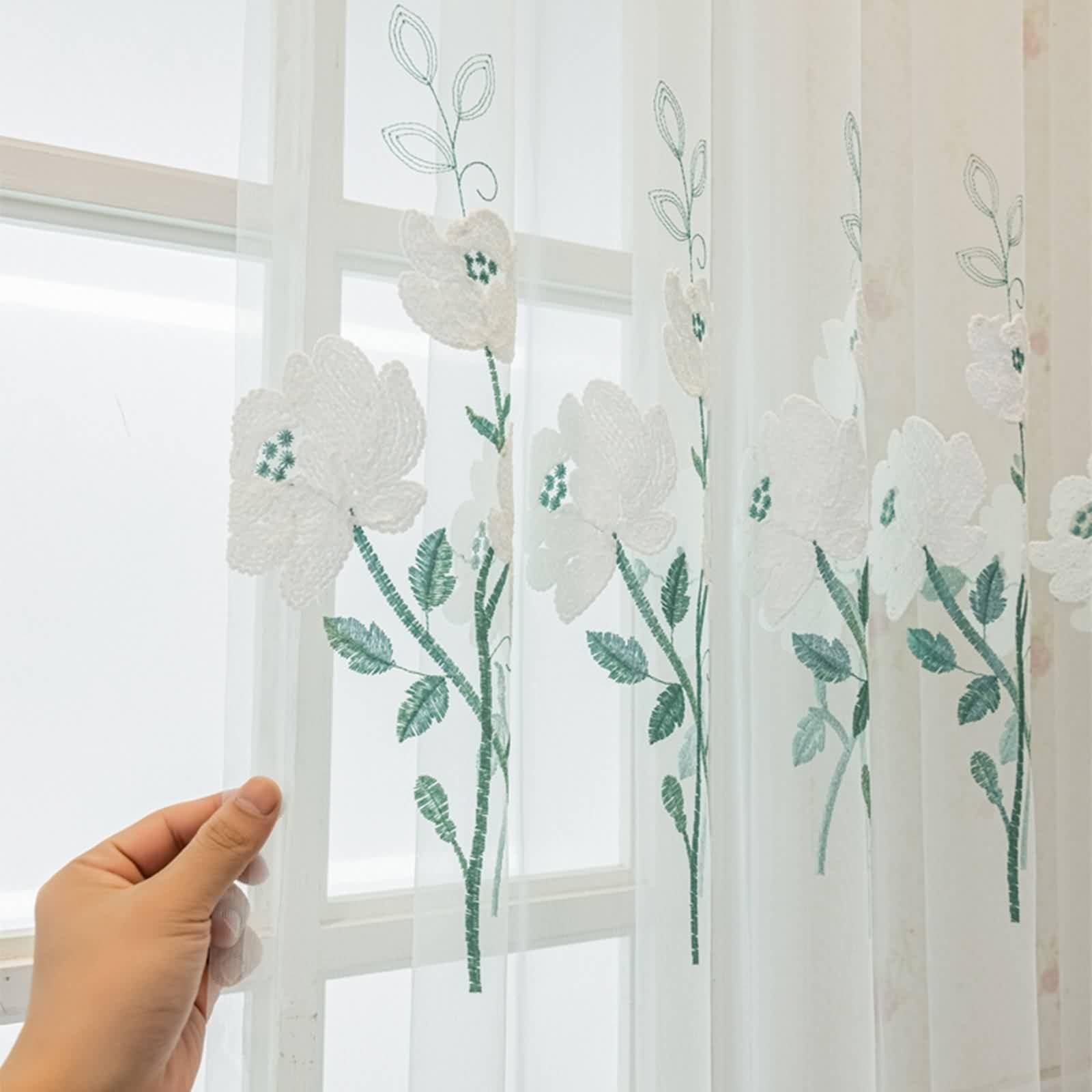 Gardinen Vorhänge, Küchenvorhang Modern Grün Weiß mit Häkelblume Polyester für Schlafzimmer Wohnzimmer 2er Set 86x138cm BxH