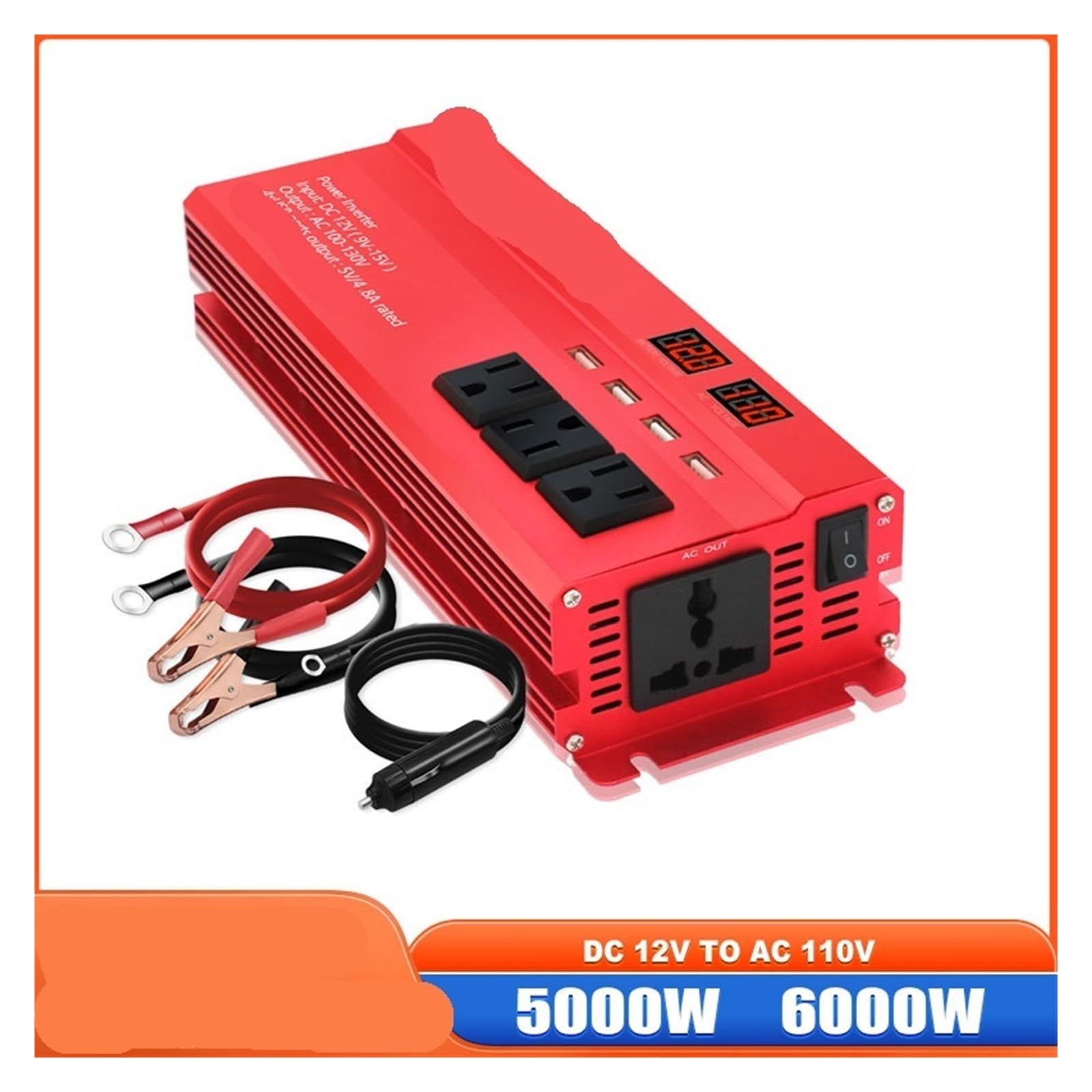12V do 5000W 6000W Inwerter mocy Wyświetlacz LED Inwerter solarny Podwójne szybkie ładowanie USB(6000W-12V-110V-Black)