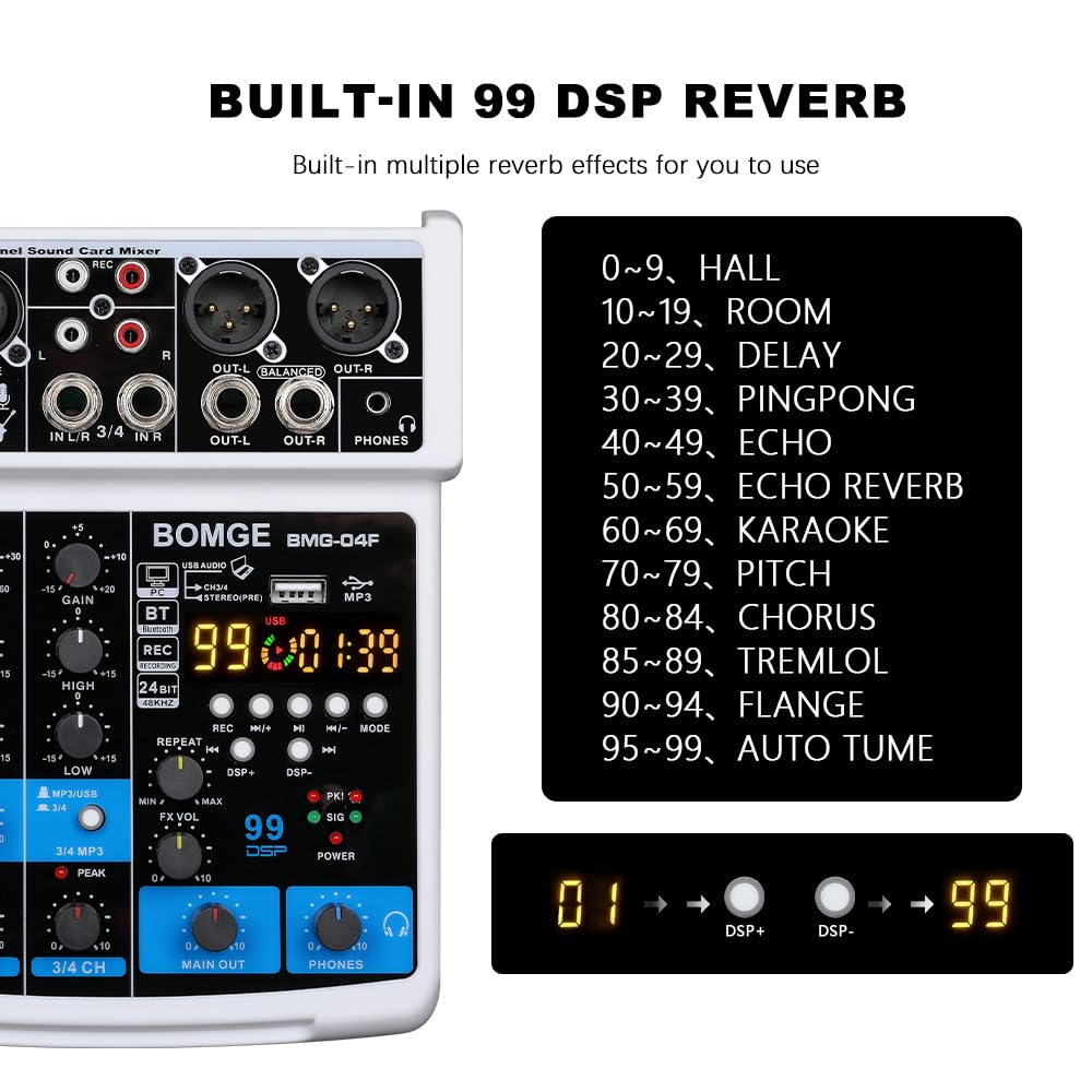 BOMGE-04F 4-Kanal-DJ-Audio-Soundmixer mit MP3/USB Bluetooth, Stereoaufnahme/48 V/24 DSP Echo-Effekte für Live-Übertragung, Karaoke, Performance, Kirchengesang und Musikproduktion (Weiß-4f)